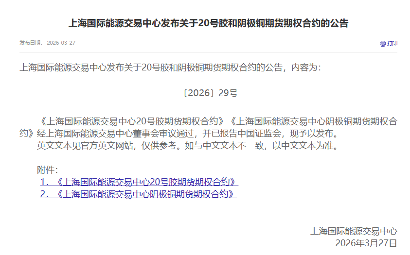 20号胶期权和国际铜期权将于4月22日挂盘交易